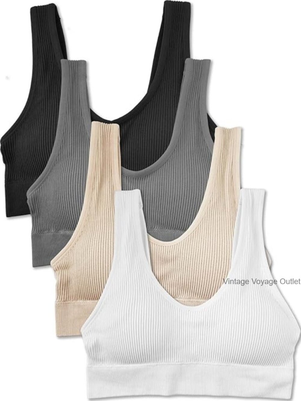 4 Pack Ribbed Bralette Crop Top Sports Bra Medium Support Pullover